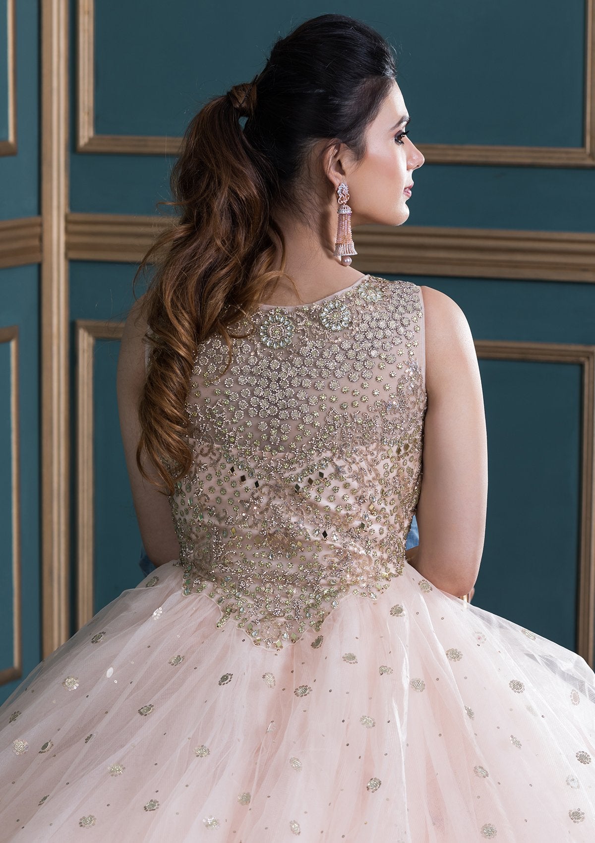 Peach Pink Embellished Net Designer Gown-Koskii