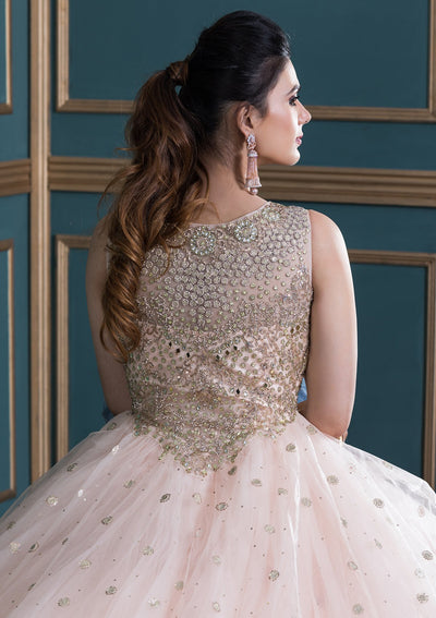 Peach Pink Embellished Net Designer Gown-Koskii