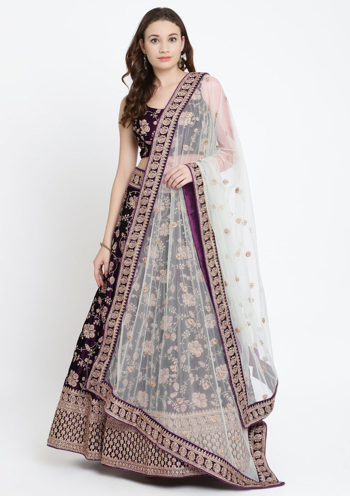 Wine Stonework Velvet Designer Lehenga-Koskii