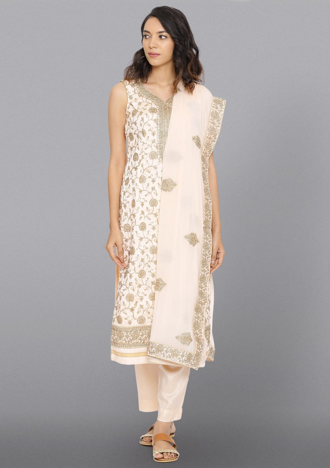 Peach Zariwork Chanderi Designer Salwar Suit-Koskii