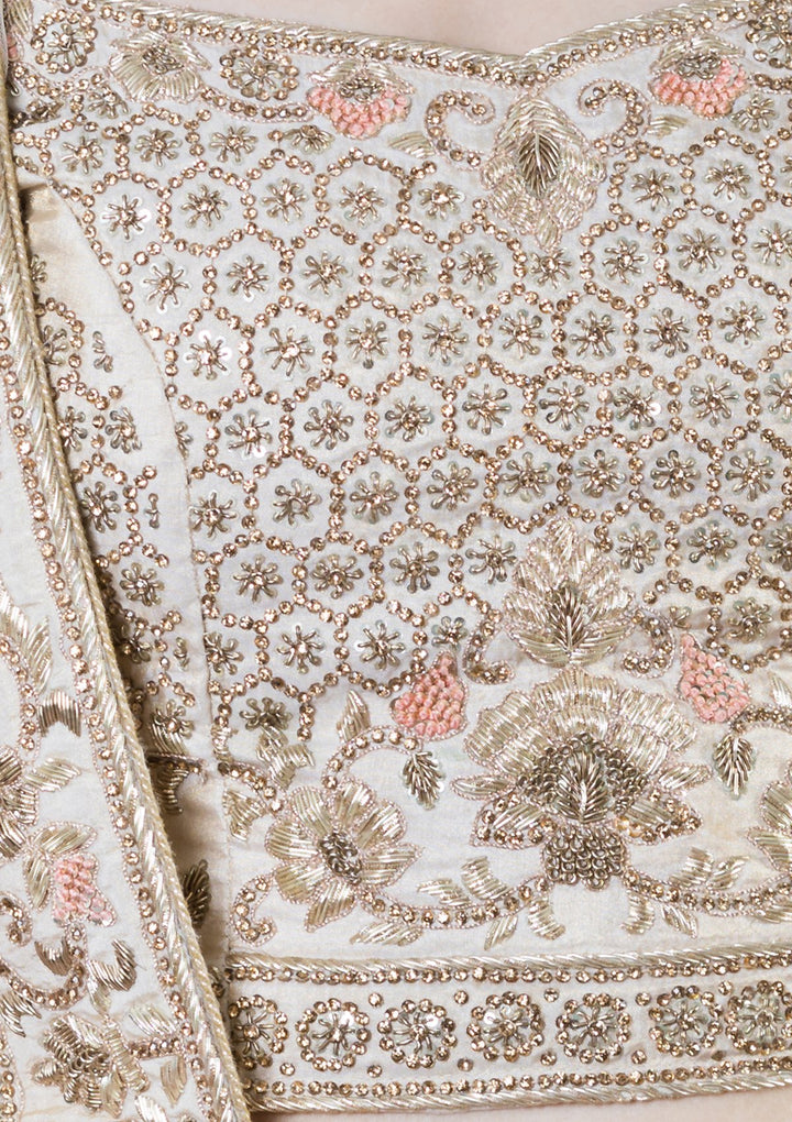 Beige Silk Zardozi Work Designer Lehenga-Koskii