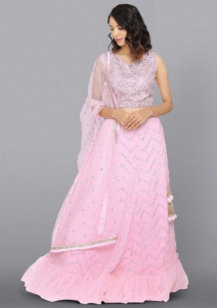 Baby Pink Mirrorwork Net Designer Lehenga-Koskii