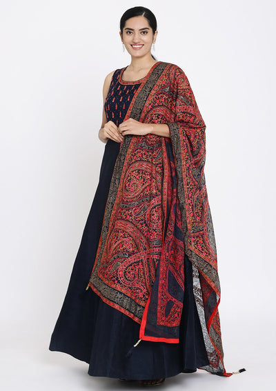Navy Blue Swarovski Raw Silk Designer Gown - koskii