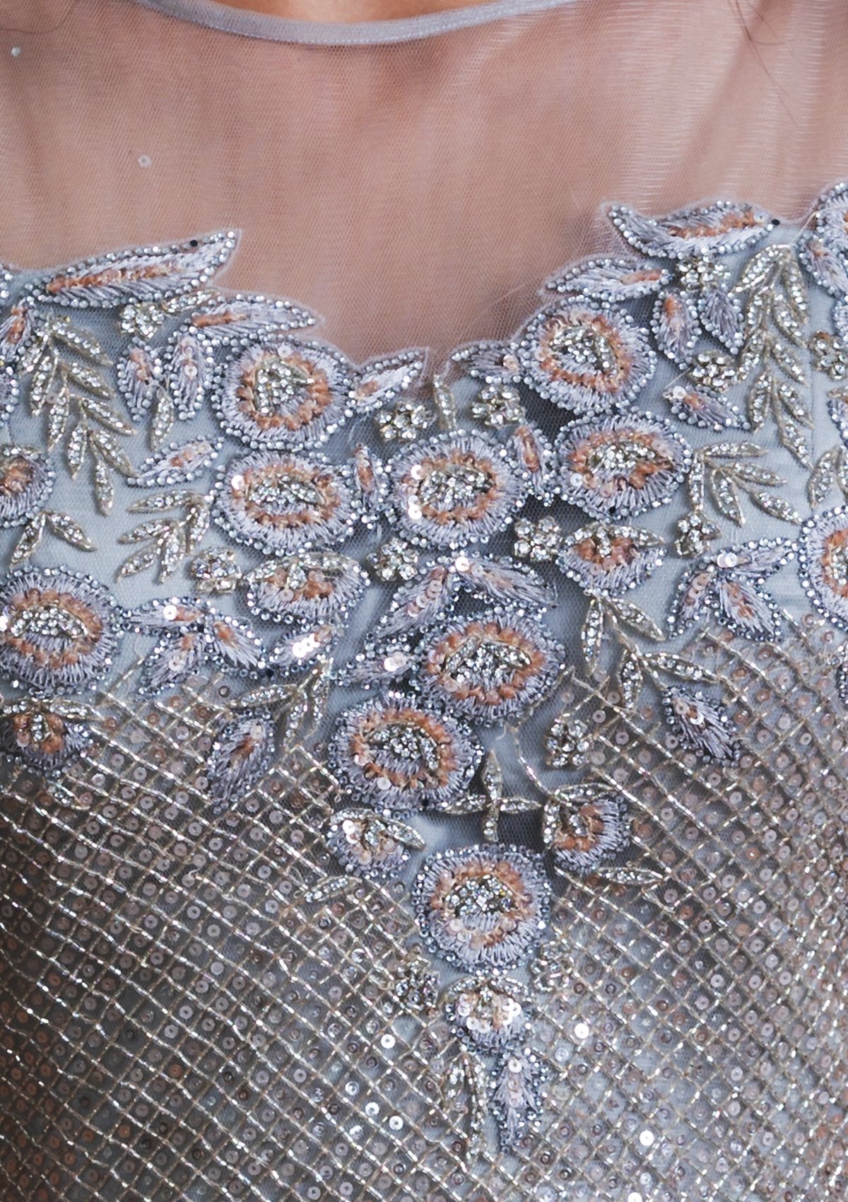 Grey Lace Work Net Designer Gown-Koskii