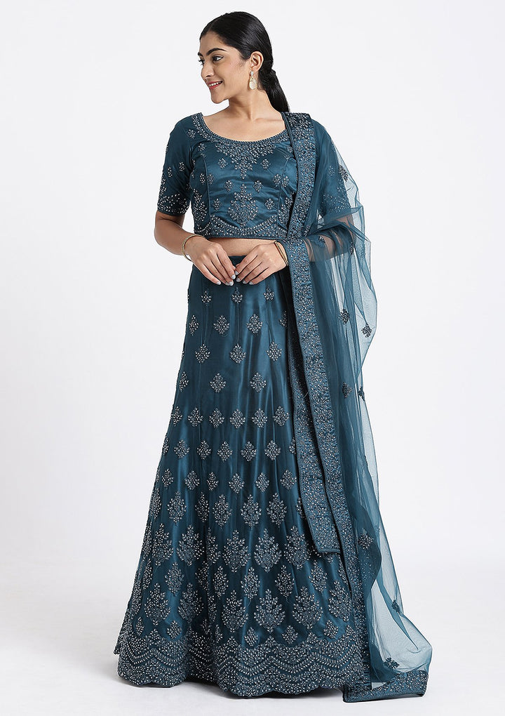 Peacock Blue Thread Work Net Designer Lehenga-Koskii