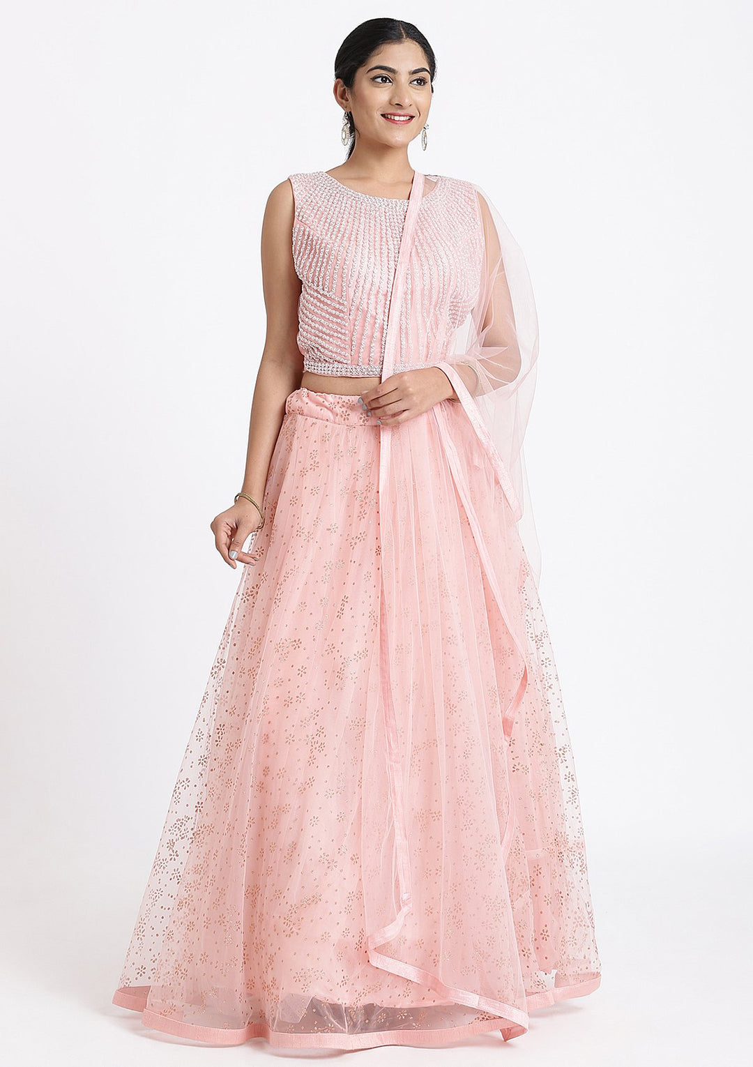 Pink Pearlwork Net Designer Lehenga-Koskii