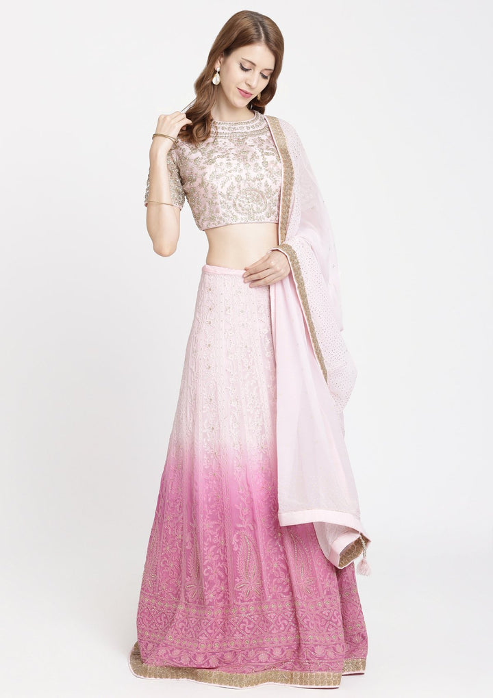 Pink Threadwork Chiffon Designer Lehenga-Koskii