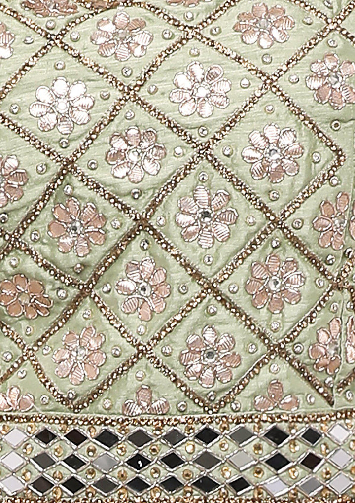 Green Mirror-Work Tissue Designer Lehenga-Koskii