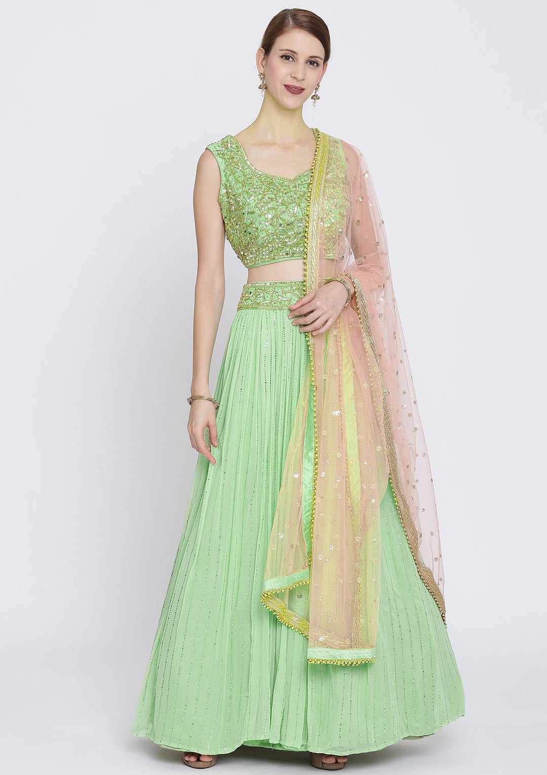 Pista Green Cutdana Georgette Designer Lehenga-Koskii