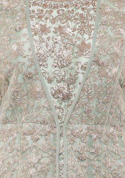 Green Floral Jacket Net Designer Gown-Koskii