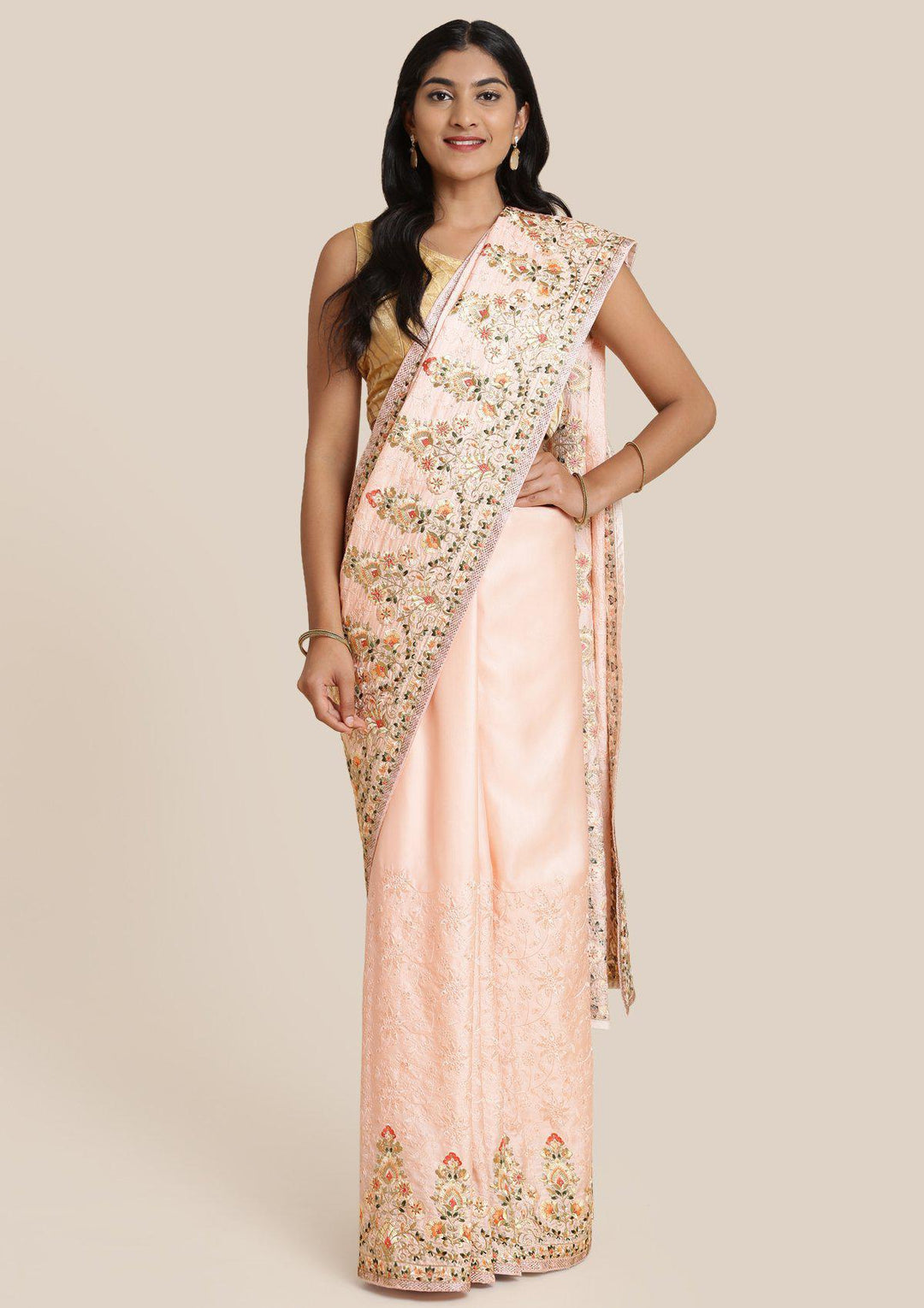 Baby Pink Threadwork Art Silk Designer Saree-Koskii