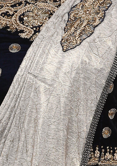Blue and Grey Embellished Designer Saree-Koskii