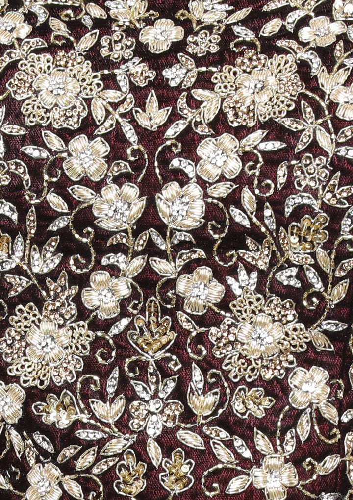Wine and Gold Velvet Designer Lehenga-Koskii