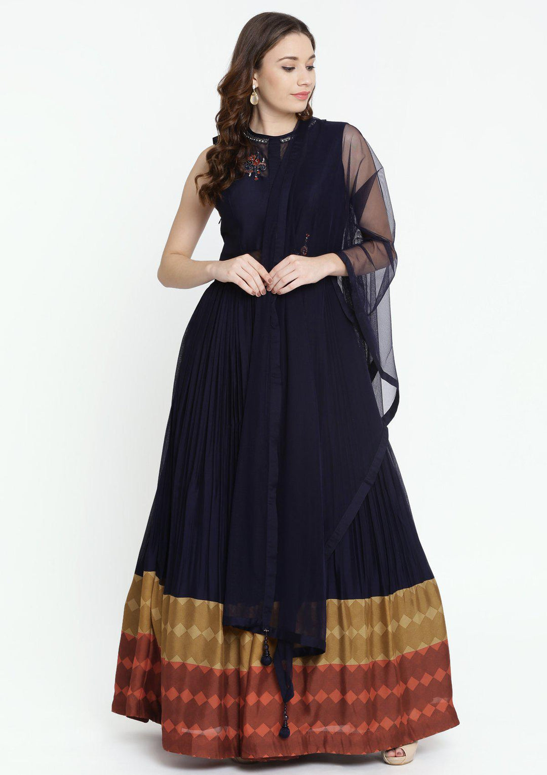 Navy Blue Stonework Georgette Designer Gown-Koskii