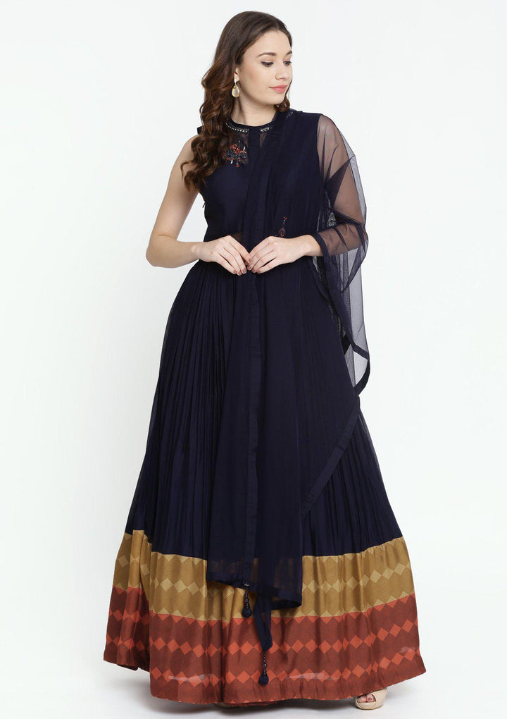 Navy Blue Stonework Georgette Designer Gown-Koskii