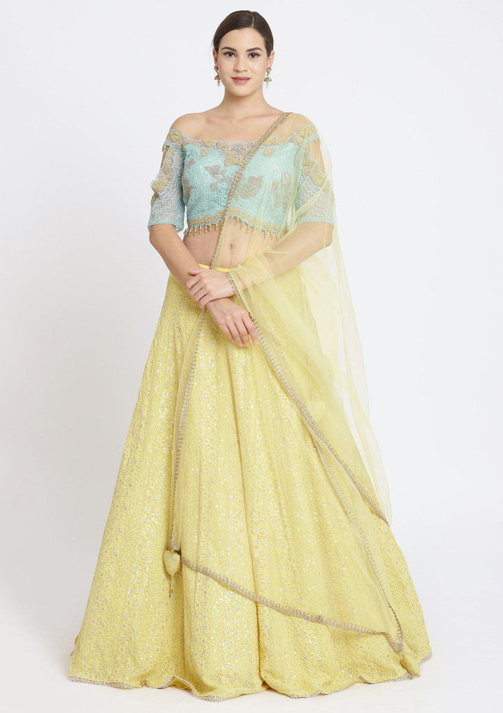 Yellow and Sea Green Chikankari Georgette Designer Lehenga-Koskii