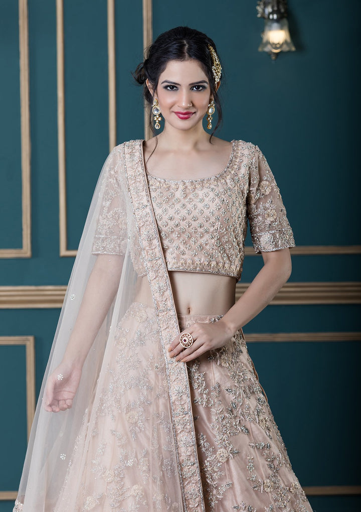 Peach Pink Embellished Net Designer Lehenga-Koskii
