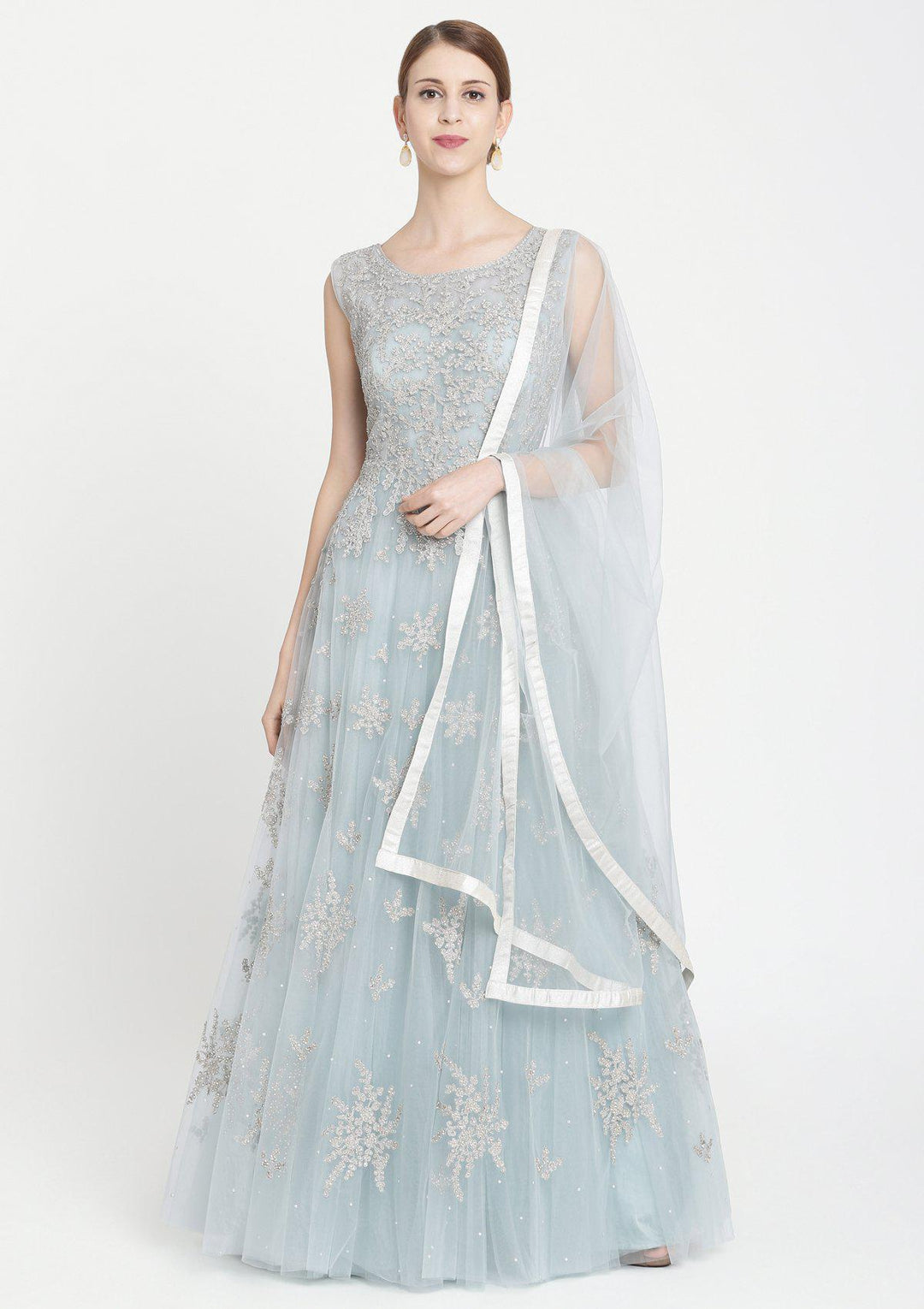 Sea Green Sequins Net Designer Gown-Koskii