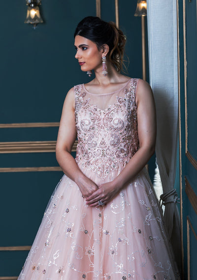 Peach Stone Work Net Designer Gown-Koskii