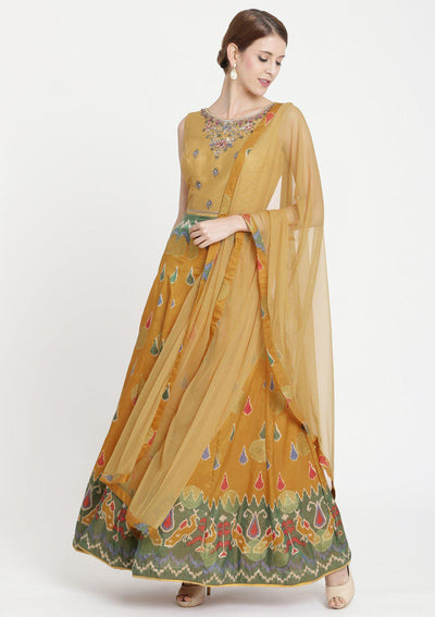 Mustard Stonework Banarasi Designer Gown-Koskii