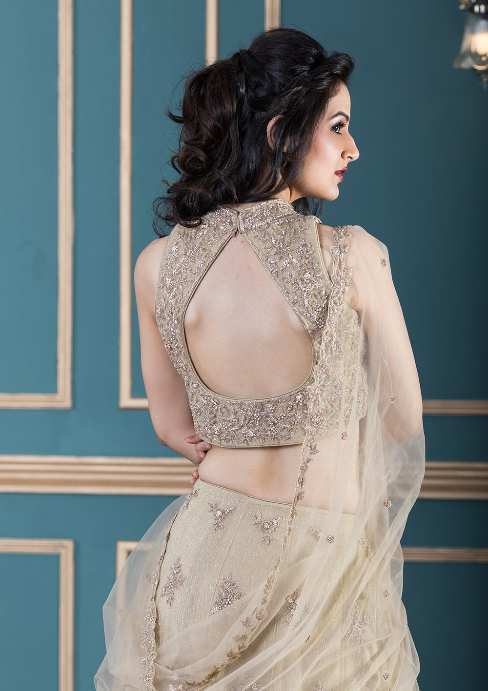 Beige Sequinned Net Designer Lehenga-Koskii