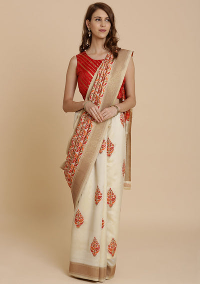 Red and Cream Thread Work Art Silk Designer Saree-Koskii