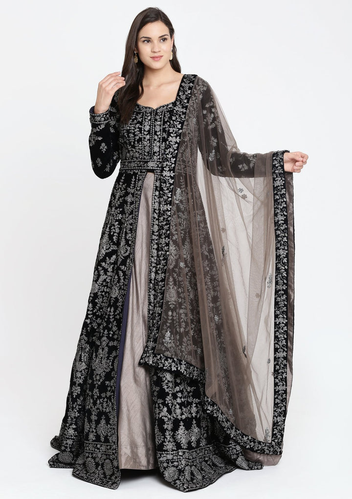 Navy Blue Zari Work Velvet Designer Lehenga-Koskii