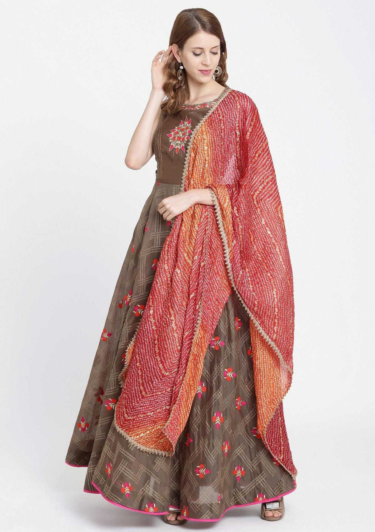 Mehendi Threadwork Banarasi Designer Gown-Koskii