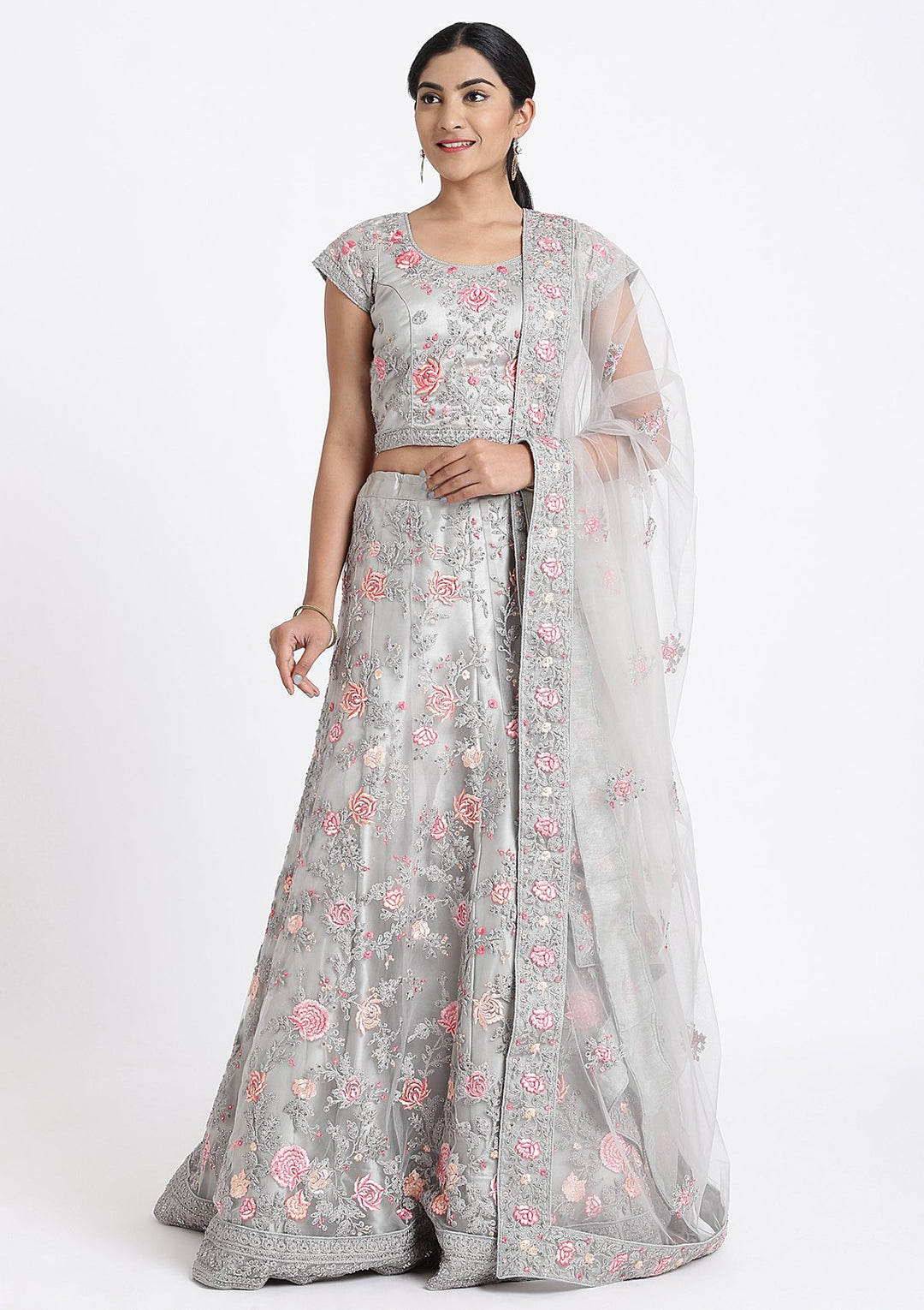 Silver Threadwork Net Designer Lehenga-Koskii