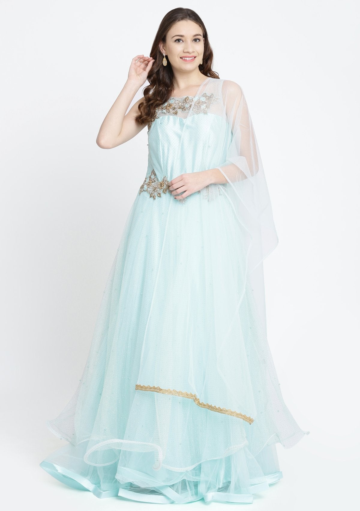 Sky Blue Cutdana Net Designer Gown-Koskii