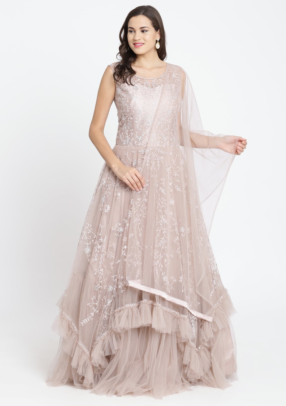 Mauve Silver Stonework Net Designer Gown-Koskii
