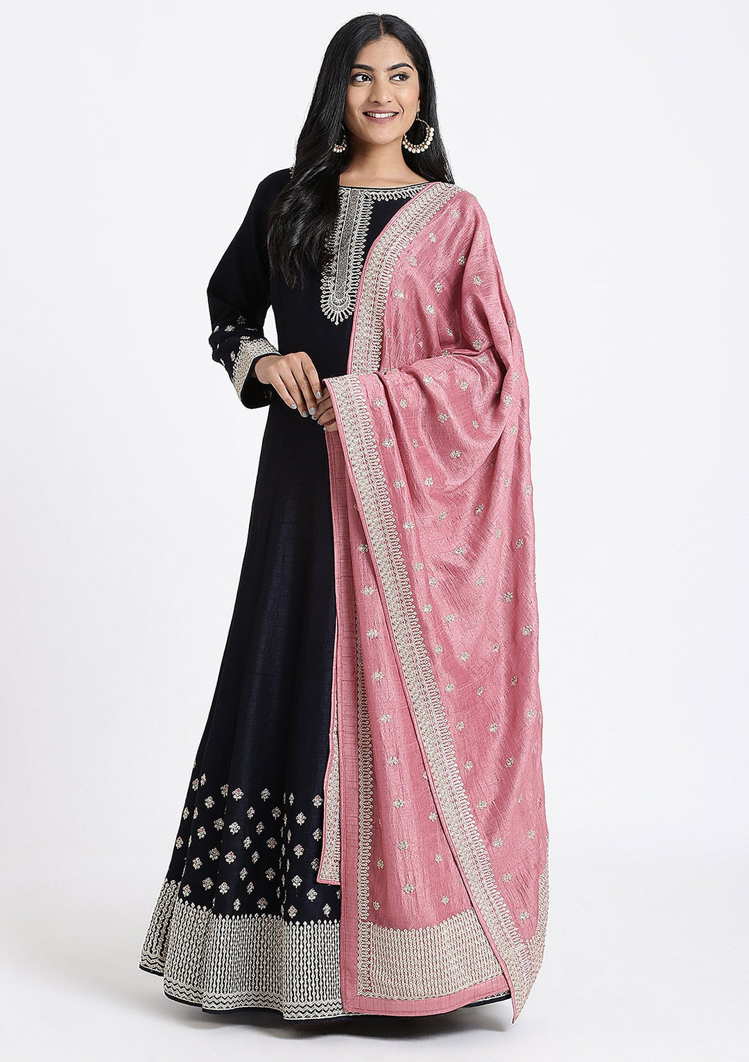 Navy Blue Zari Work Rawsilk Designer Gown-Koskii
