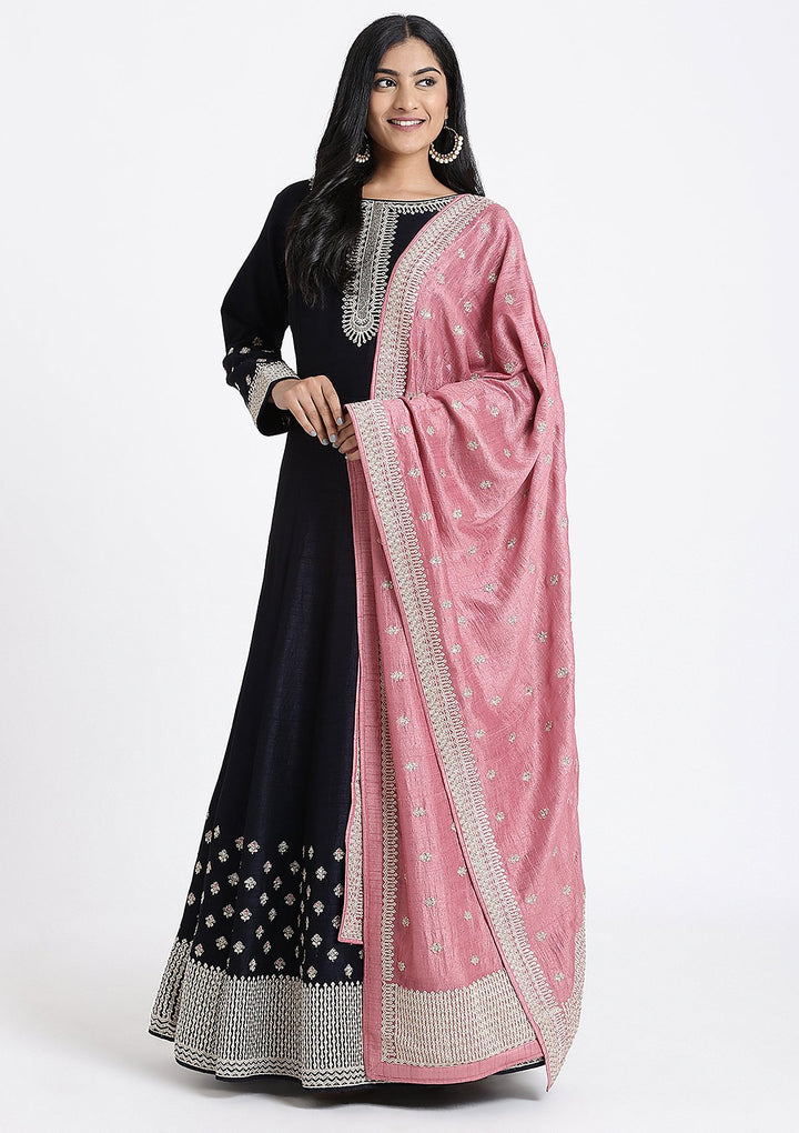 Navy Blue Zari Work Rawsilk Designer Gown-Koskii