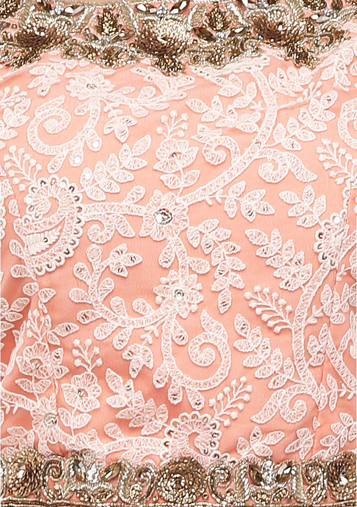 Peach Thread Work Net Designer Lehenga-Koskii