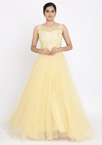 Yellow Cutdana Net Designer Gown - koskii