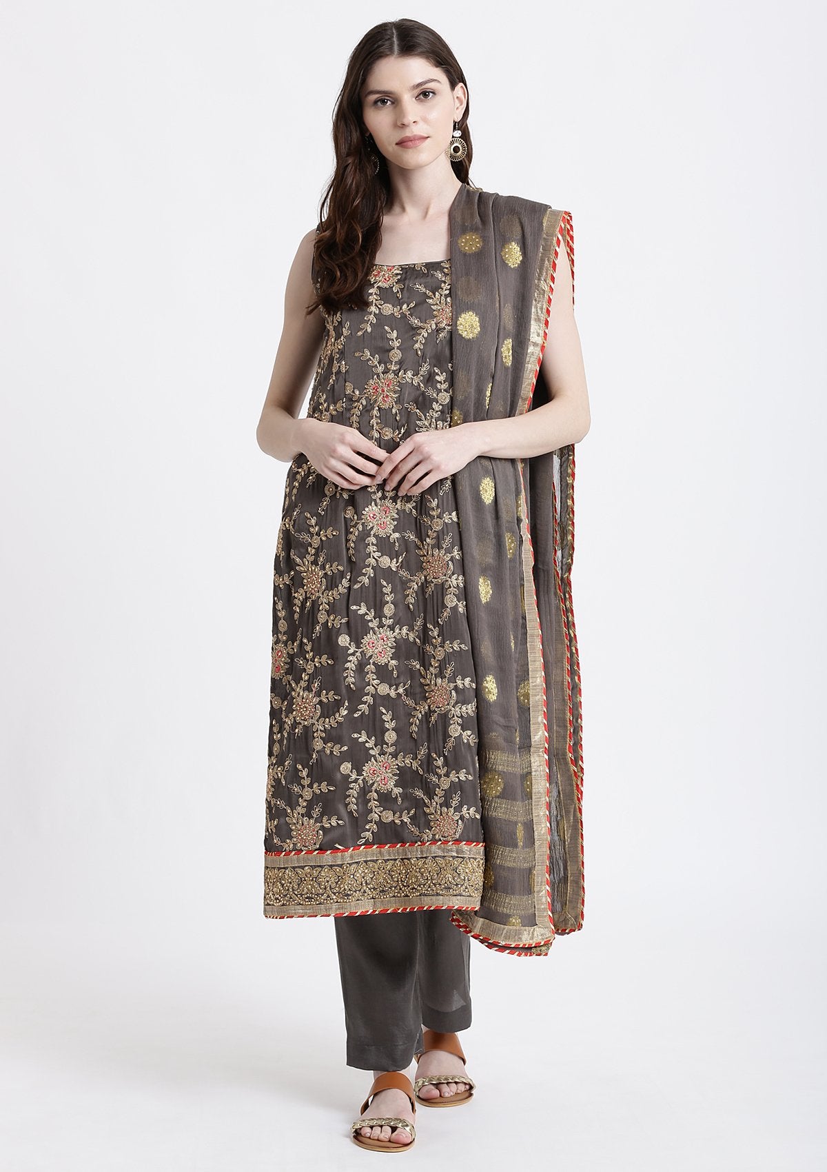 Dark Grey Stonework Satin Designer Salwar Suit-Koskii