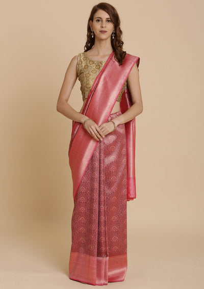 Pink Zariwork Raw Silk Designer Saree-Koskii