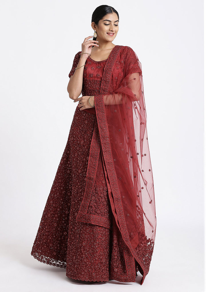 Maroon Stone Work Net designer Lehenga-Koskii