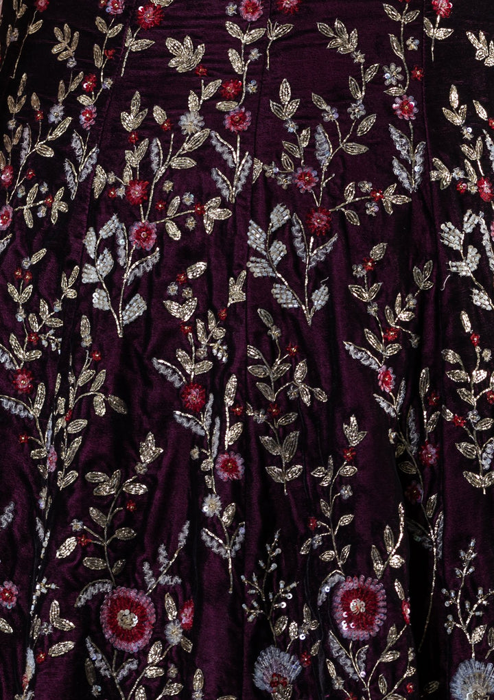 Wine Red Zardozi Work Velvet Designer Lehenga-Koskii