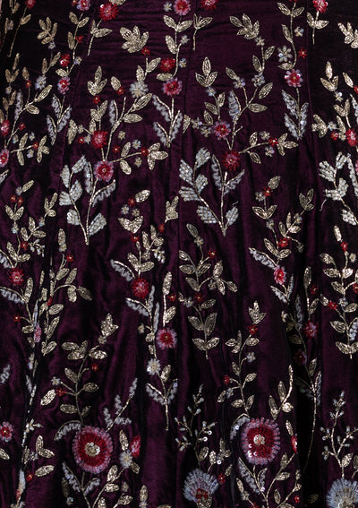 Wine Red Zardozi Work Velvet Designer Lehenga-Koskii