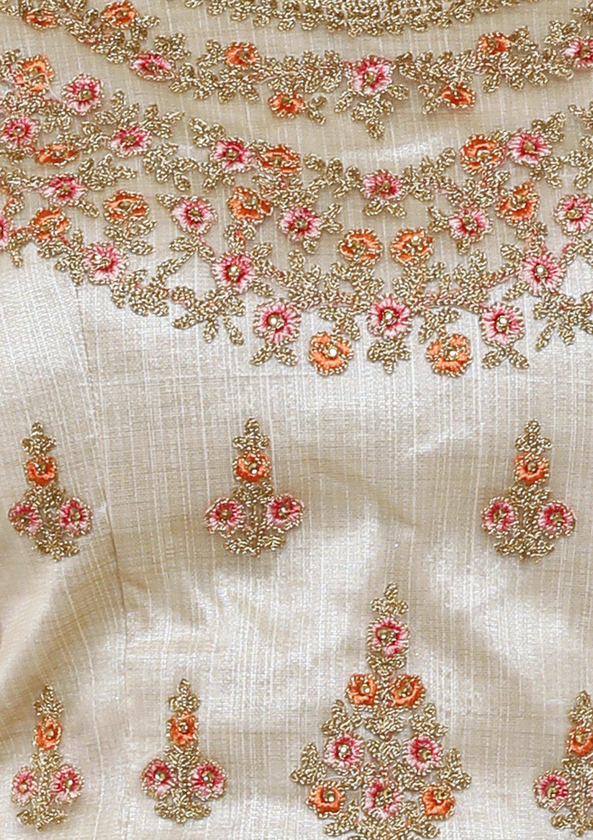 Beige Floral Silk Designer Lehenga-Koskii