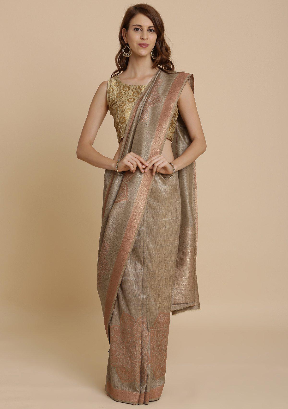 Light Brown Zariwork Raw Silk Designer Saree-Koskii
