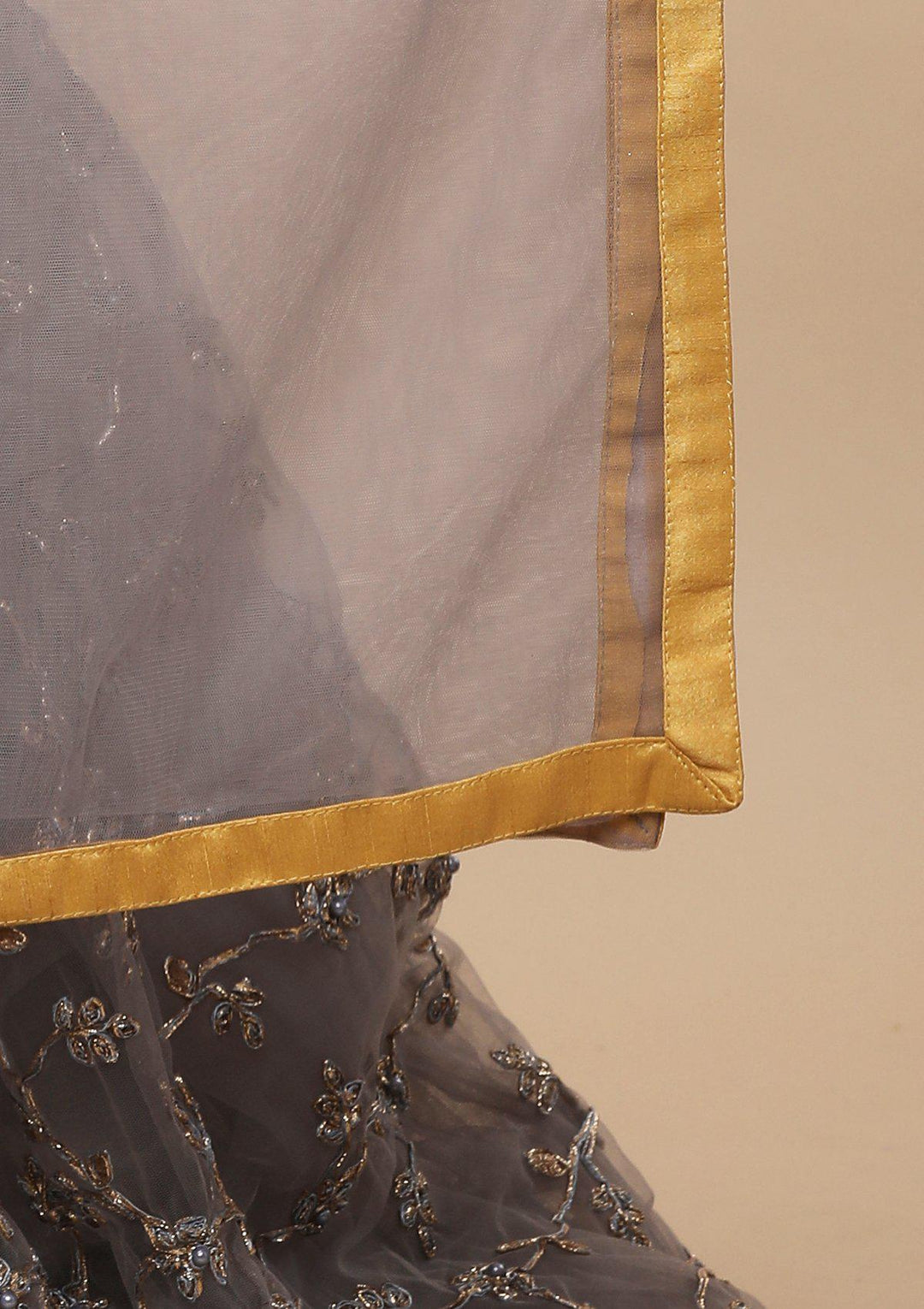 Yellow and Grey Net Designer Lehenga-Koskii