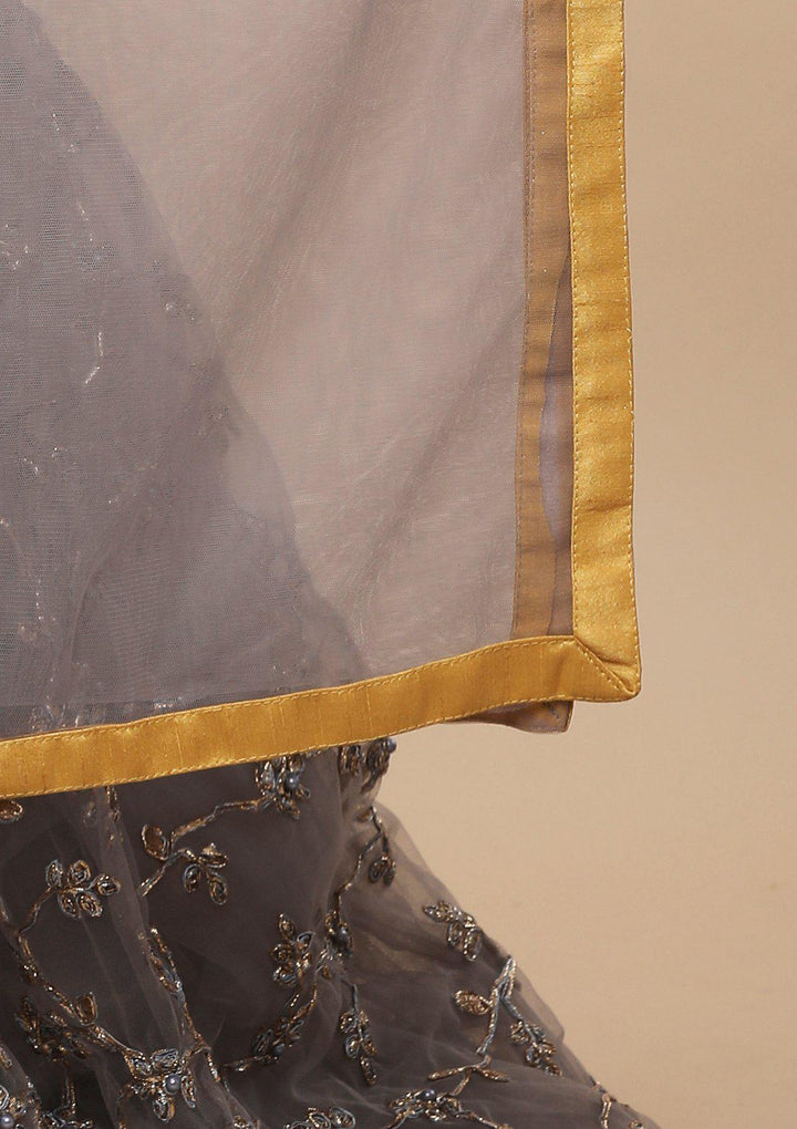Yellow and Grey Net Designer Lehenga-Koskii