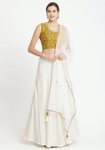 Mustard and Cream Zardozi Chanderi Designer Lehenga-Koskii