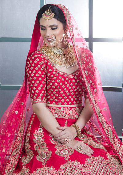 Coral Pink Pearl Embellished Designer Bridal Lehenga-Koskii