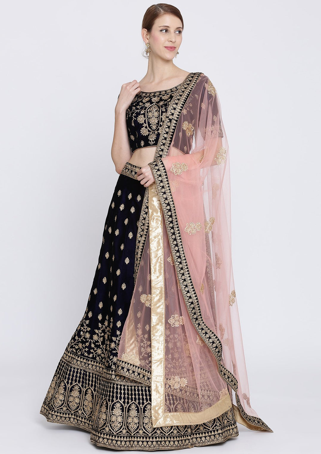 Navy Blue Zariwork Velvet Designer Lehenga-Koskii