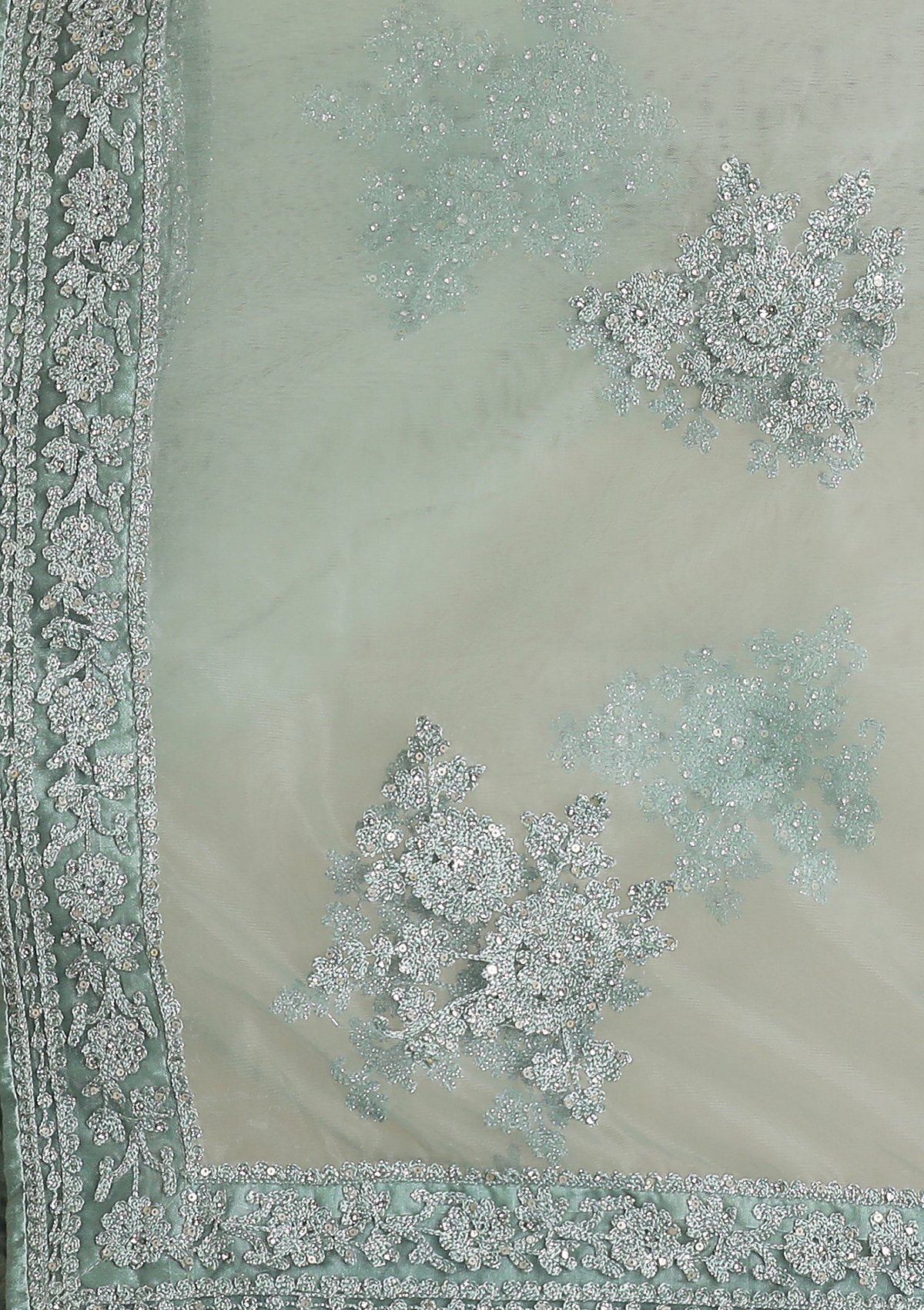 Teal Green Silver Zari Work Silk Designer Lehenga-Koskii