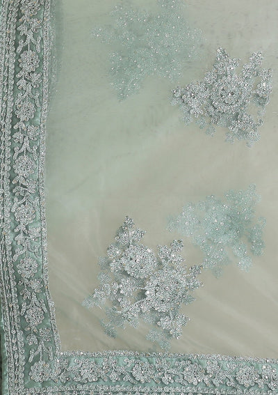 Teal Green Silver Zari Work Silk Designer Lehenga-Koskii