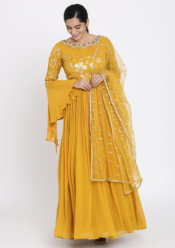 Mustard Sequins Georgette Designer Gown - koskii
